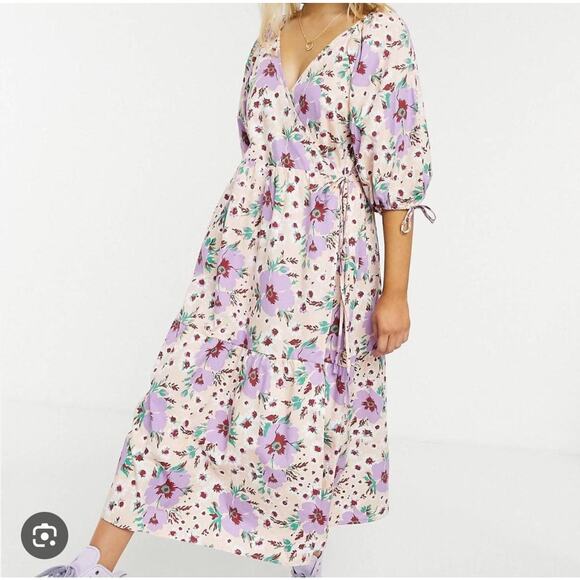 ASOS Design Size 10 Pink Purple Floral Puff Sleeve Midi Wrap Dress 100% Cotton - Picture 1 of 8